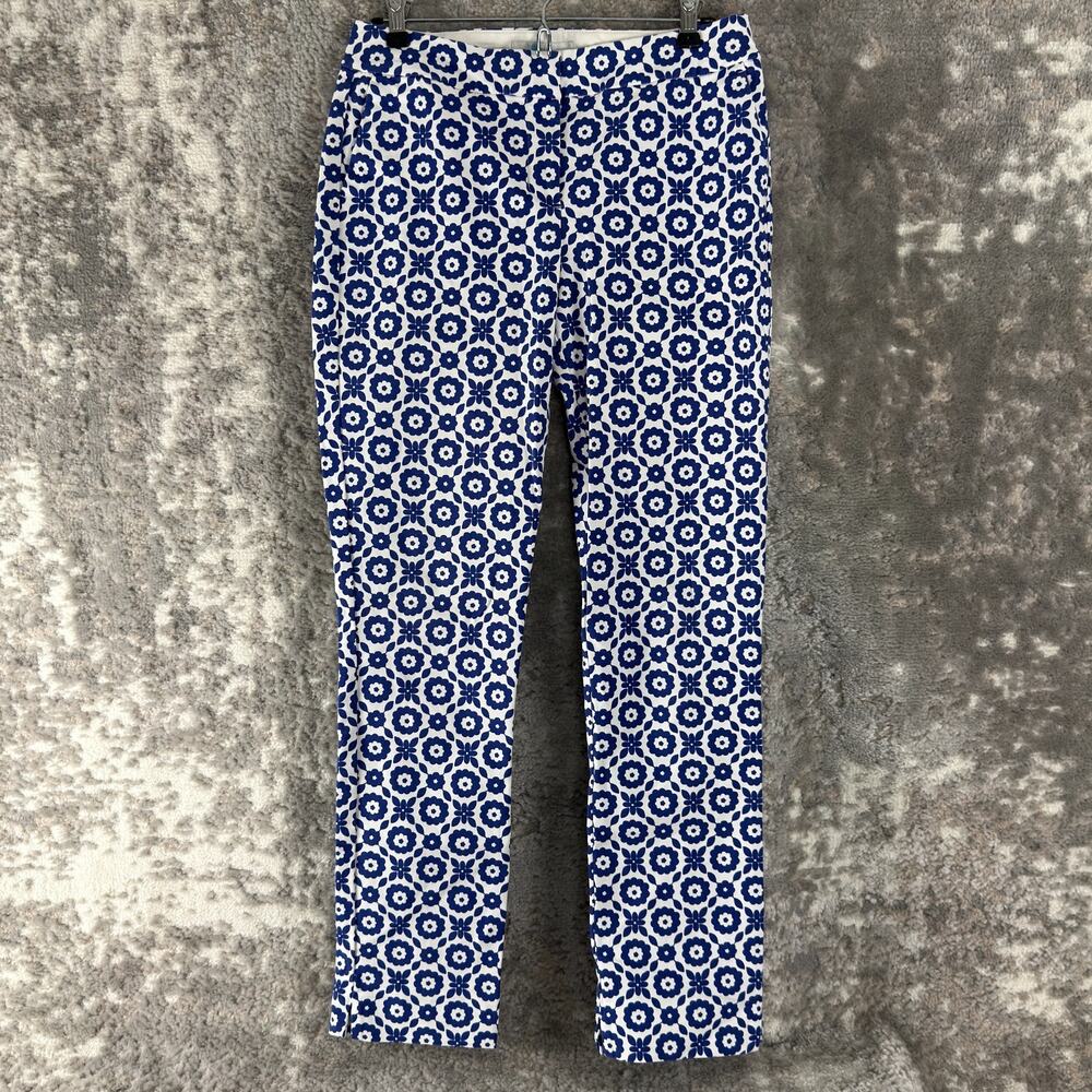 Boden Size 6 Boho Abstract Stretch Pants Blue White Straight Leg Button Zip